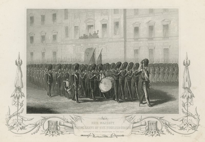 Ihre Majestät verabschiedet sich von den Fusilier Guards von English School