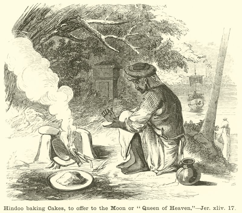 Hindus backen Kuchen, um sie dem Mond oder der Himmelskönigin zu opfern, Jeremia, xliv, 17 von English School