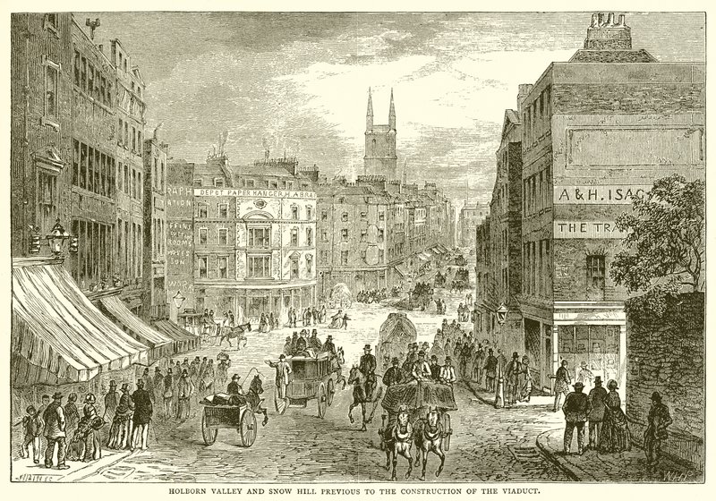 Holborn Valley und Snow Hill vor dem Bau des Viadukts von English School