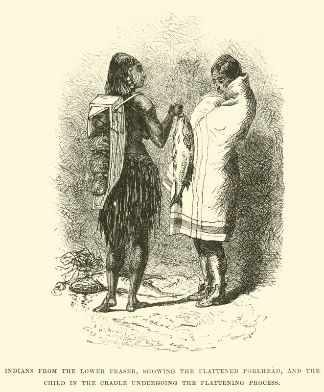 Indianer vom unteren Fraser mit abgeflachtem Stirn und Kind in der Wiege während des Abflachungsprozesses von English School