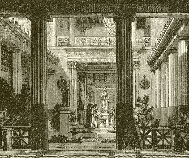 Innenhof eines griechischen Hauses mit einer Statue der Göttin Hestia von English School