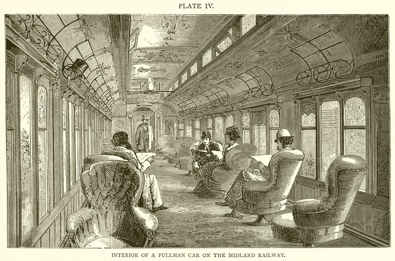 Innenansicht eines Pullman-Wagens der Midland Railway von English School