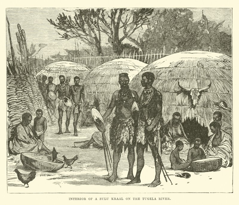 Inneres eines Zulu-Kraals am Tugela-Fluss von English School