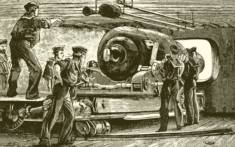 Innenraum eines Geschützturms eines Panzerschiffs von English School