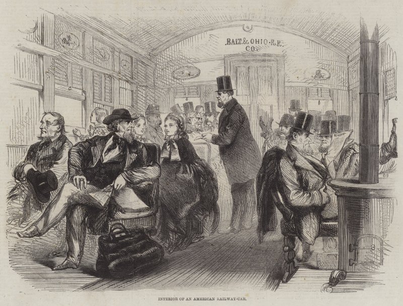Innenraum eines amerikanischen Eisenbahnwagens (Stich) von English School