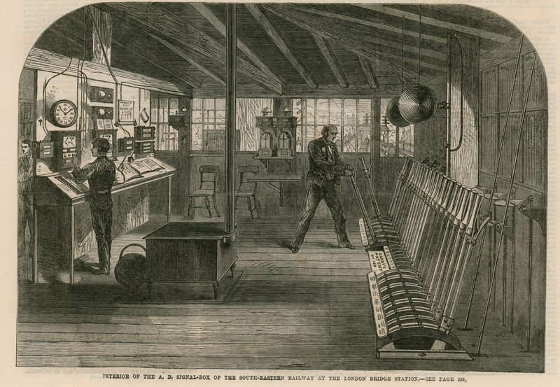 Innenansicht des A, B, Stellwerks der South-Eastern Railway am London Bridge Bahnhof von English School