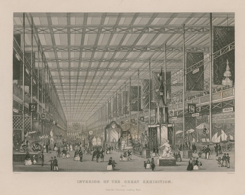 Innenansicht der Großen Ausstellung, 1851, vom Transept nach Westen blickend von English School