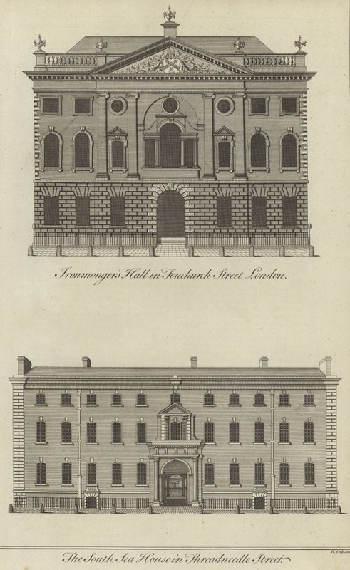 Ironmongers Hall, Fenchurch Street und das South Sea House, Threadneedle Street, London von English School