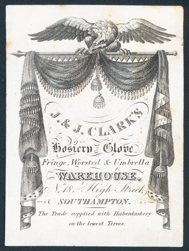 J & J Clarks, Strumpfwaren, Handschuhe, Fransen, Wollwaren und Regenschirmwarenlager, Visitenkarte von English School