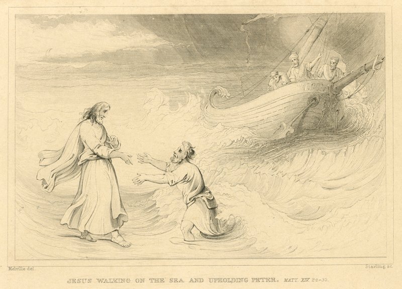 Jesus geht auf dem Meer und hält Petrus, Matthäus XIV, 24-33 (Gravur) von English School