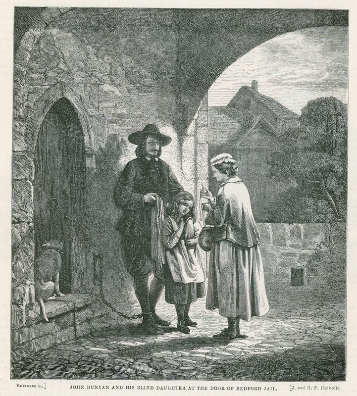 John Bunyan und seine blinde Tochter an der Tür des Bedford-Gefängnisses von English School