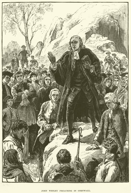 John Wesley, predigend in Cornwall (Gravur) von English School