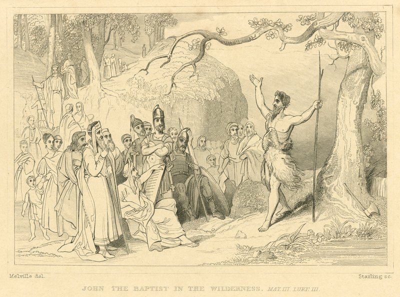 Johannes der Täufer in der Wüste, Matthäus III, Lukas III (Stich) von English School