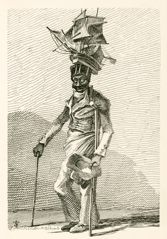 Joseph Johnson, ein schwarzer Seemann, mit einem Modell des Schiffs Nelson auf seiner Mütze von English School