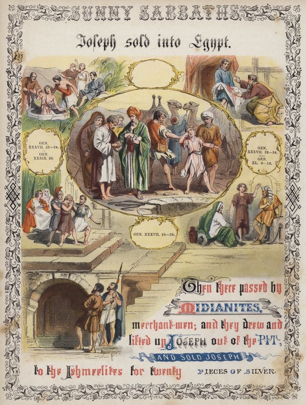 Joseph wird nach Ägypten verkauft (farbige Gravur) von English School