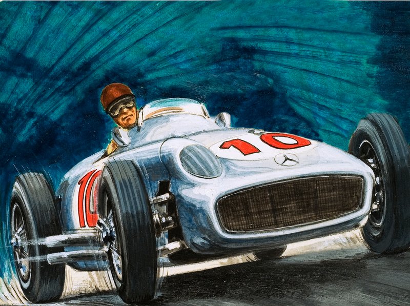 Juan Manuel Fangio fährt einen Mercedes-Benz von English School