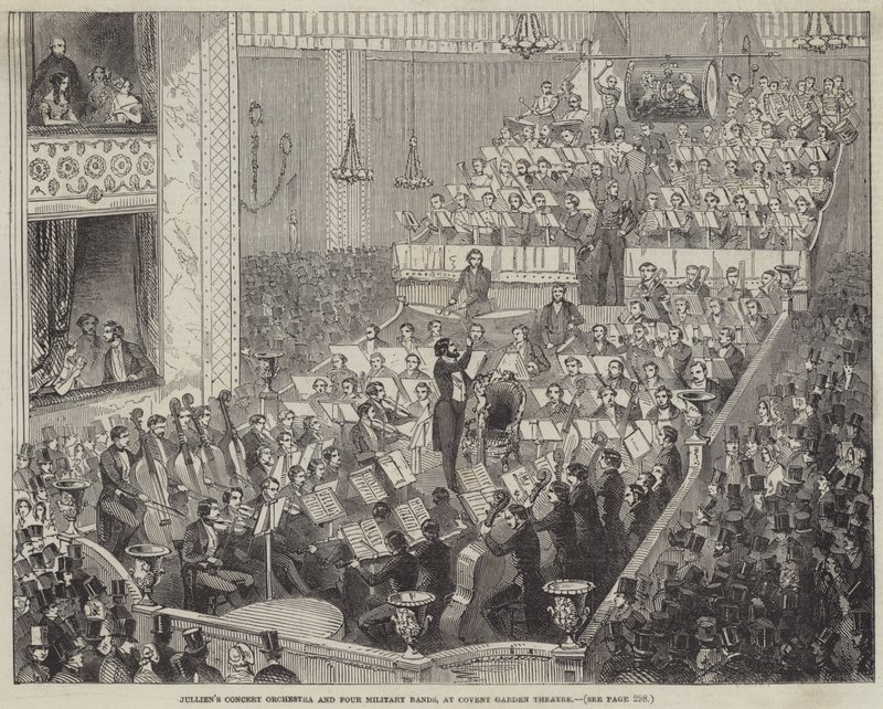 Julliens Konzertorchester und vier Militärkapellen im Covent Garden Theatre (Stich) von English School