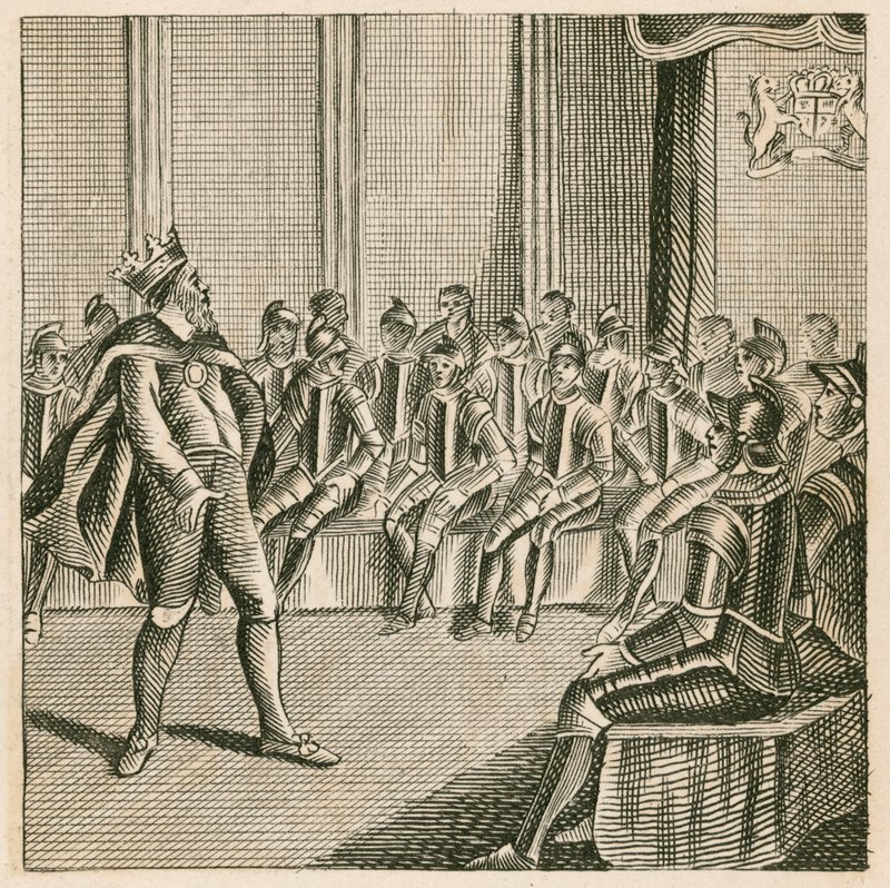 König Heinrich III. betritt das Parlament und findet die Barone in Rüstung gekleidet von English School