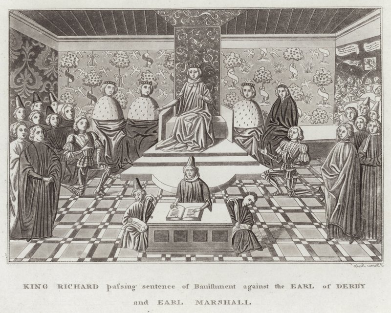 König Richard spricht das Urteil der Verbannung gegen den Earl of Derby und den Earl Marshall aus von English School