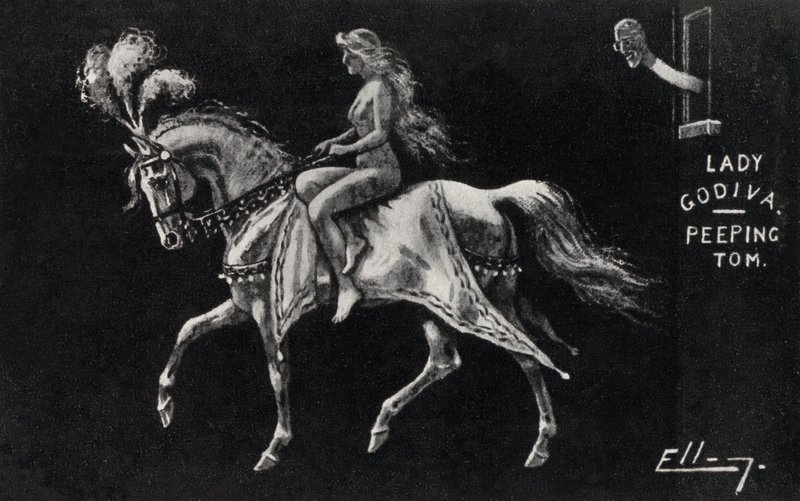 Lady Godiva reitet nackt auf einem Pferd durch die Straßen von Coventry, beobachtet von einem Spanner von English School