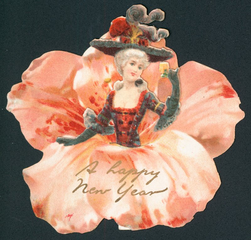 Dame trägt Amaryllis-Rock, Neujahrskarte von English School