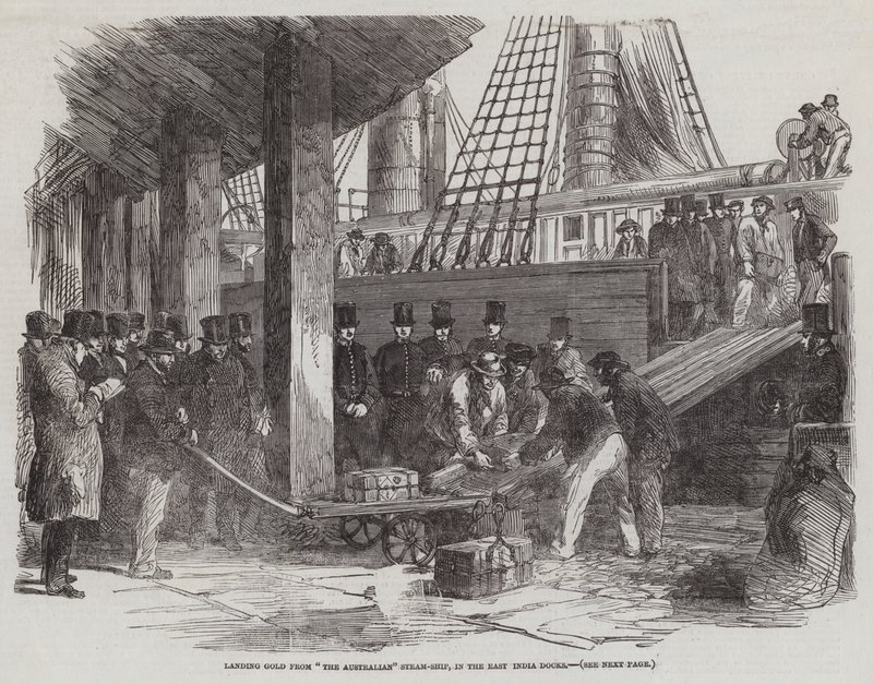 Goldentladung vom Dampfschiff "The Australian" in den East India Docks von English School