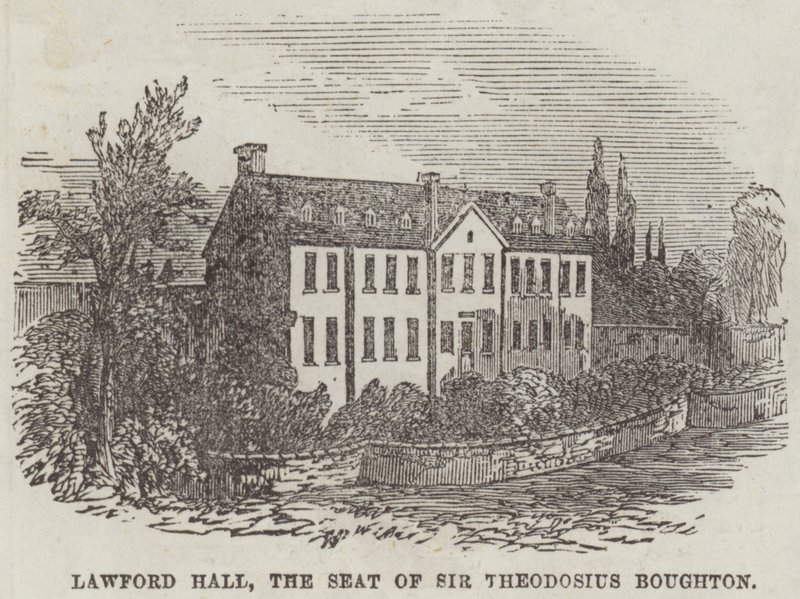 Lawford Hall, der Sitz von Sir Theodosius Boughton (Gravur) von English School