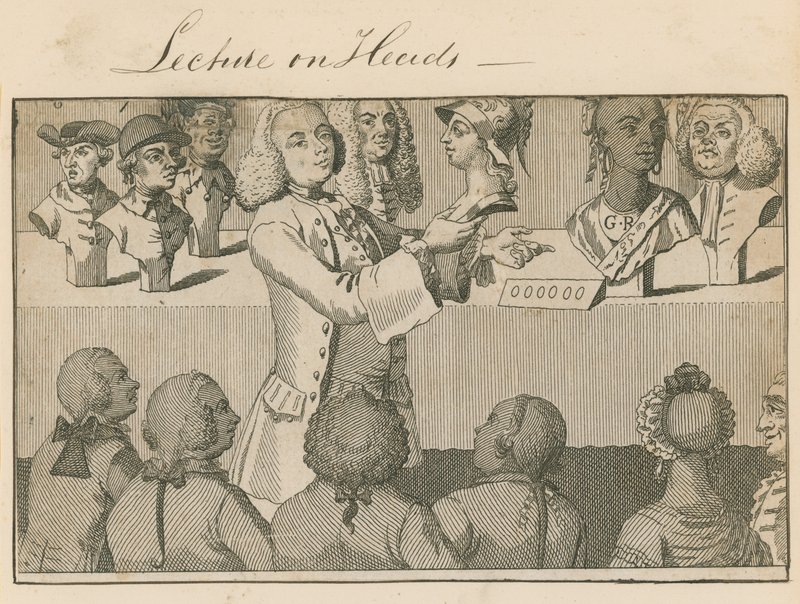 Vortrag über Köpfe im Long Room gegenüber Sadlers Wells am 20. Juni 1765 von English School