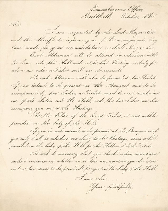 Brief mit Details zu einem Bankett in der Guildhall, London, am 9. November 1868 von English School