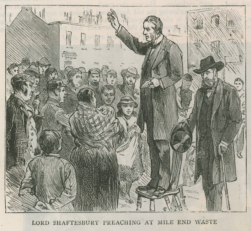 Lord Shaftesbury predigt am Mile End Waste, London von English School