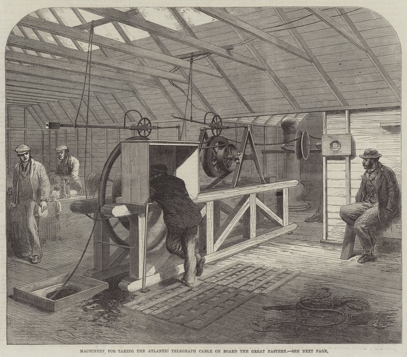 Maschinen zum Verladen des Atlantikkabels auf die Great Eastern von English School