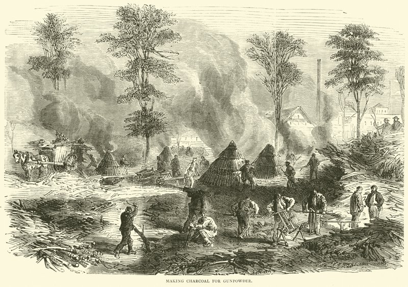 Holzkohleherstellung für Schießpulver, Oktober 1870 von English School