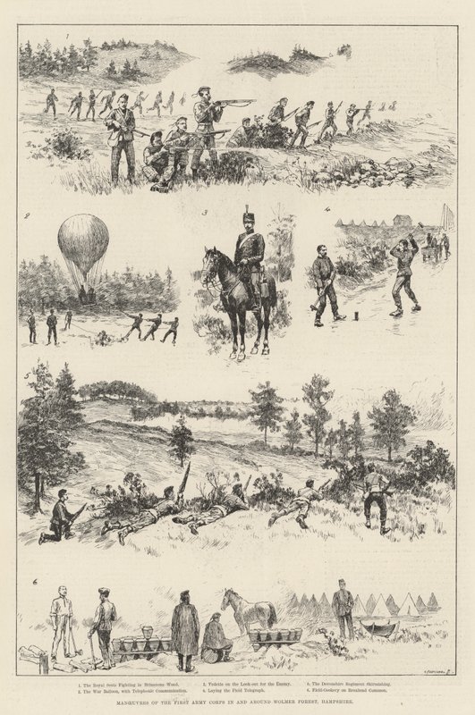 Manöver des ersten Armeekorps in und um den Wolmer Forest, Hampshire (Stich) von English School