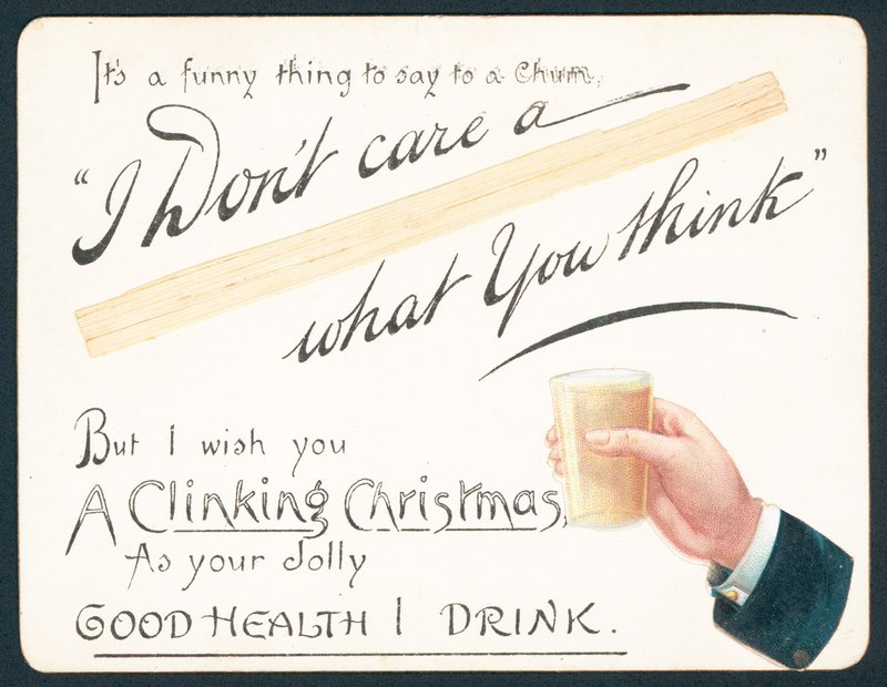 Hand eines Mannes hält Glas, Weihnachtskarte von English School