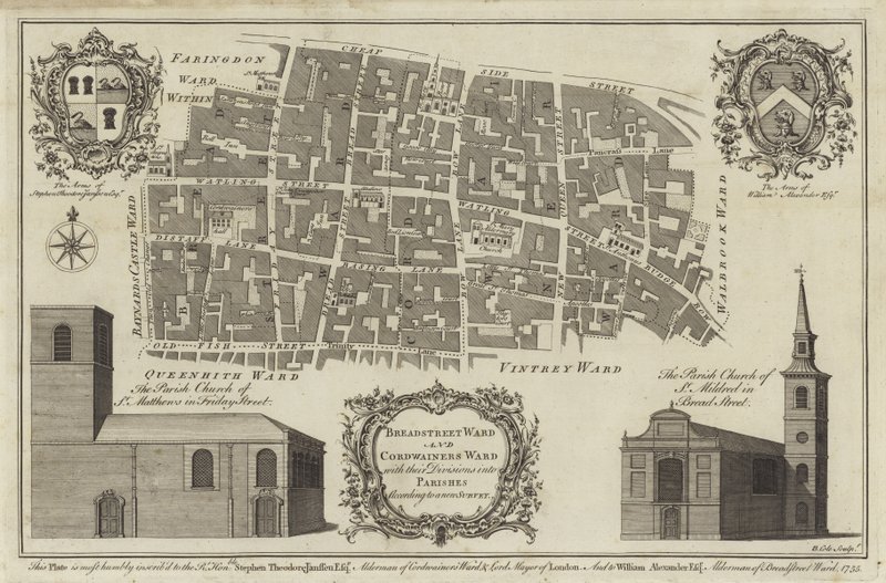 Karte des Bread Street Ward und Cordwainers Ward, London von English School