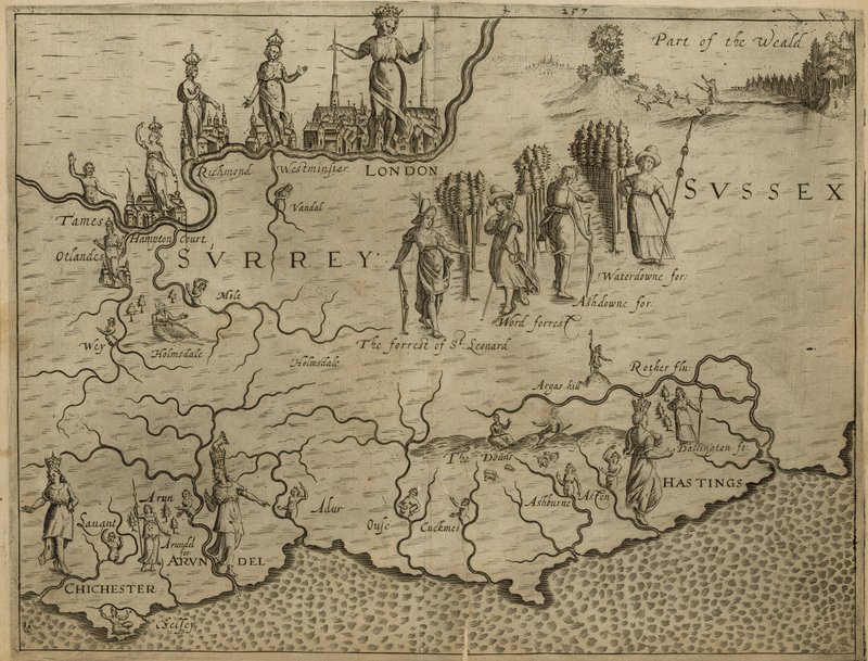 Karte des Südens von England, einschließlich London, Surrey und Sussex von English School