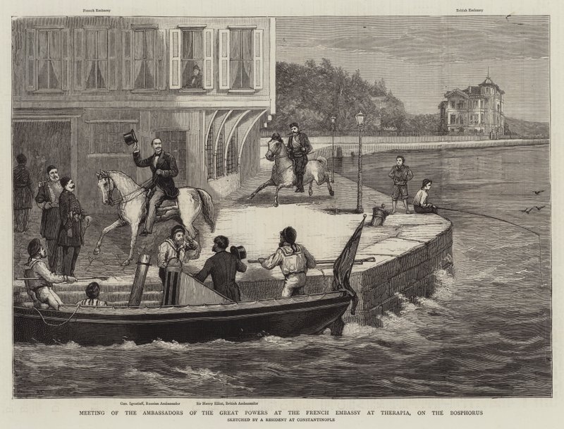 Treffen der Botschafter der Großmächte in der französischen Botschaft in Therapia am Bosporus (Gravur) von English School