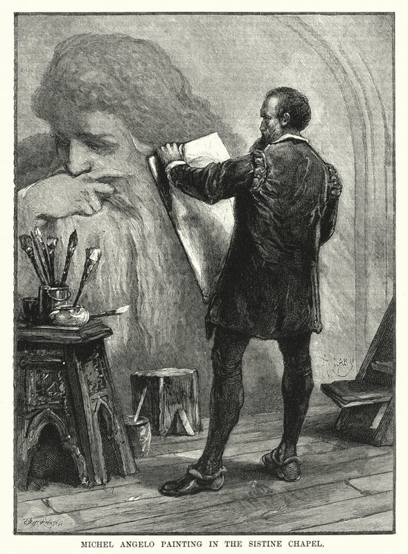Michelangelo malt in der Sixtinischen Kapelle von English School