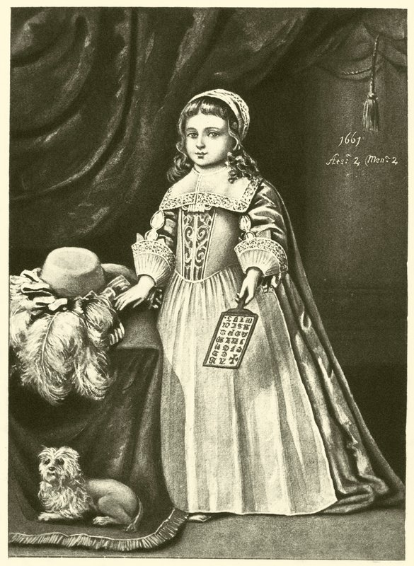 Miss Campion, mit einem Hornbuch (Stich) von English School