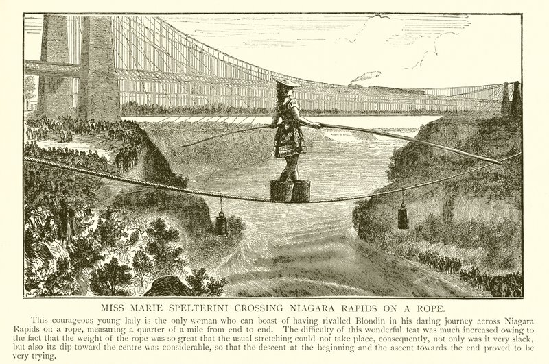 Miss Marie Spelterini überquert die Niagara-Stromschnellen auf einem Seil von English School