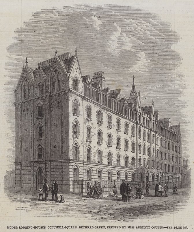 Modell-Wohnhäuser, Columbia-Square, Bethnal-Green, errichtet von Miss Burdett Coutts von English School