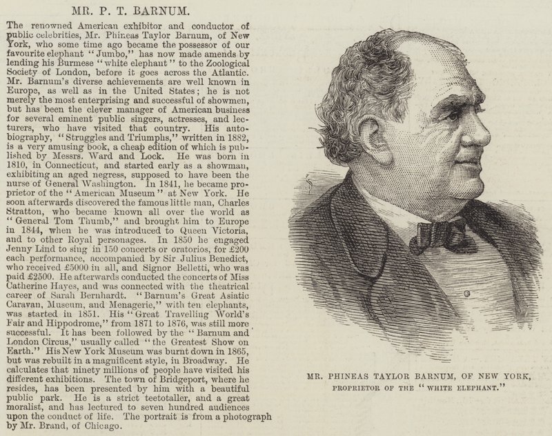 Herr Phineas Taylor Barnum aus New York, Eigentümer des „Weißen Elefanten“ (Gravur) von English School