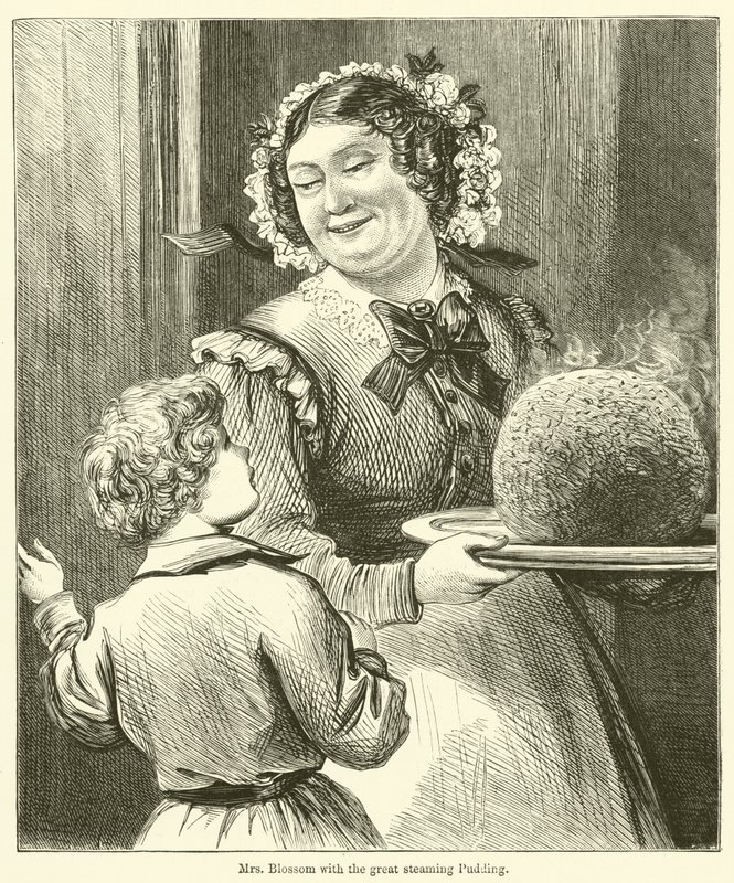 Mrs. Blossom mit dem großen dampfenden Pudding von English School