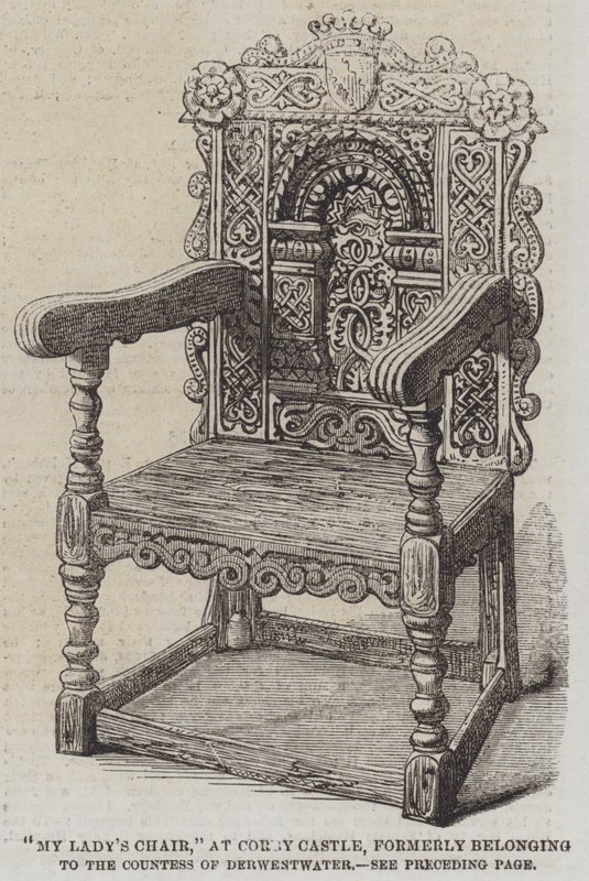 "Der Stuhl meiner Dame," im Corby Castle, ehemals im Besitz der Gräfin von Derwestwater (Stich) von English School