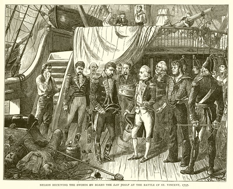 Nelson empfängt die Schwerter an Bord der San Josef in der Schlacht von St. Vincent, 1797 von English School