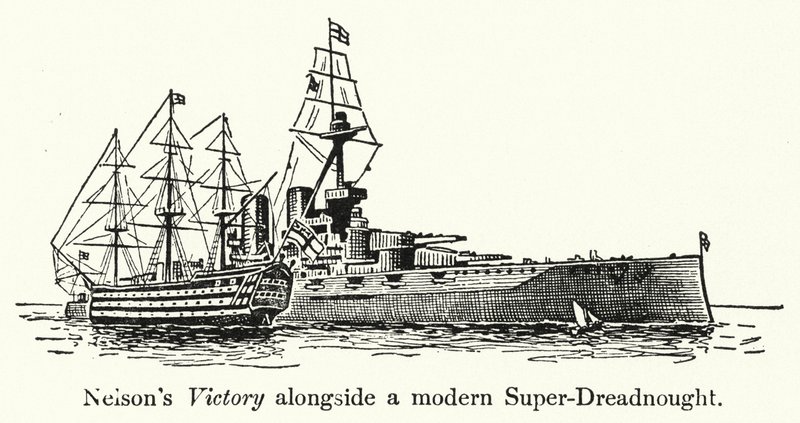 Nelsons Victory neben einem modernen Super-Dreadnought von English School