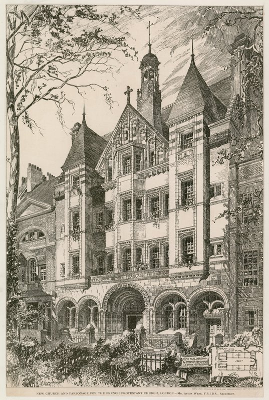 Neue Kirche und Pfarrhaus für die Französische Protestantische Kirche, London von English School
