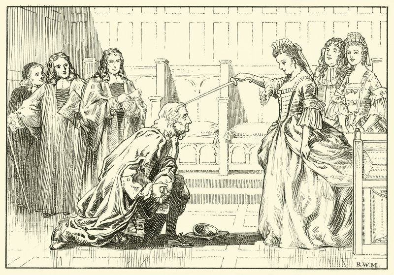 Newton wird von Königin Anne zum Ritter geschlagen von English School