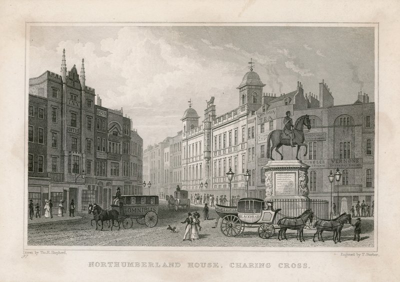 Northumberland House, Charing Cross. Bishs Lotteriebüro, Nr. 9 Charing Cross, ist neben dem Golden Cross Hotel von English School