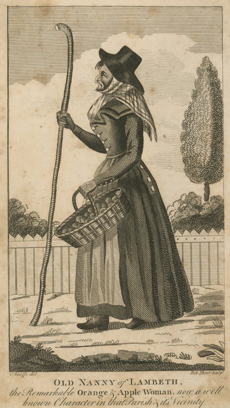 Alte Nanny von Lambeth, die bemerkenswerte Orangen- und Apfelfrau von English School